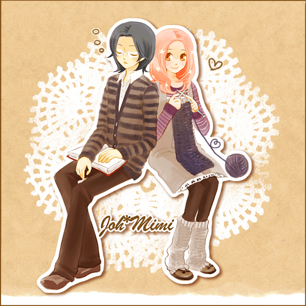 cecily, kido jo, tachikawa mimi, digimon, digimon adventure 02, 00s, 1boy, 1girl, blouse, brown eyes, character name, heart, knitting, pantyhose, parted bangs, pink hair, shirt, sitting, smile, striped clothes, striped shirt, white shirt