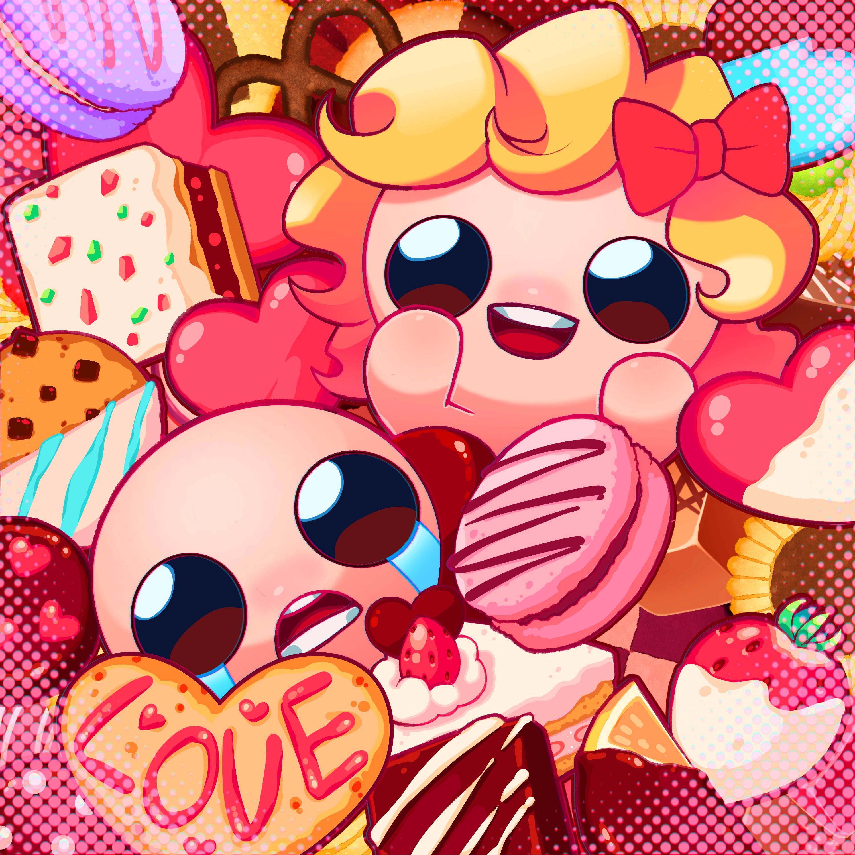 isaac (the binding of isaac), maggy (the binding of isaac), the binding of isaac, absurdres, commentary, english commentary, highres, official art, second-party source, 1boy, 1girl, :d, bald, black eyes, blonde hair, bow, cake, cake slice, camel, candy, checkerboard cookie, chocolate, chocolate-covered food, chocolate chip cookie, chocolate heart, chocolate icing, chocolate pretzel, cookie, crying, flower, food, fruit, hair bow, halftone, happy, heart, heart-shaped food, icing, macaron, no nose, open mouth, orange (fruit), orange slice, pretzel, red bow, sad, short hair, smile, strawberry, strawberry icing, strawberry shortcake, streaming tears, sunflower, sweets, tears, teeth, thumbprint cookie, tongue, toon (style), upper teeth only, valentine, vanilla, vanilla icing
