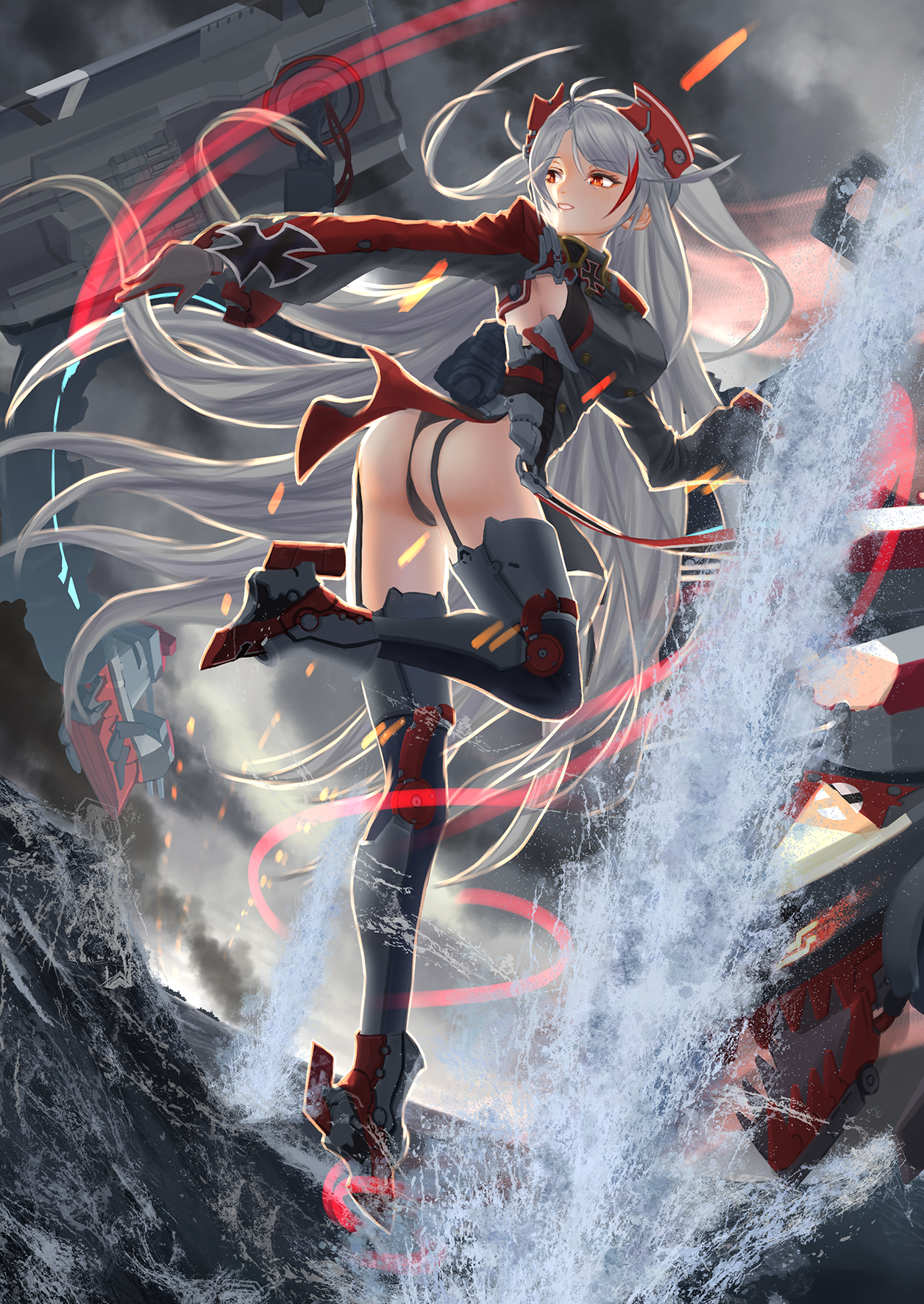 wacky092, prinz eugen (azur lane), azur lane, commentary request, highres, 1girl, antenna hair, ass, black garter straps, black panties, boots, garter straps, gloves, grey gloves, grey hair, headgear, long hair, multicolored gloves, orange eyes, outdoors, panties, red gloves, red streaks, rigging, solo, standing, standing on one leg, thigh boots, two-tone gloves, underwear, very long hair, water