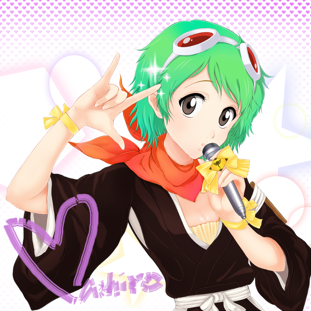 rokujou jun, kuna mashiro, bleach, bleach: turn back the pendulum, macross, macross frontier, 1girl, brown eyes, female focus, green hair, heart, heart background, looking at viewer, m/, microphone, parody, robe, scarf, seikan hikou, short hair, solo