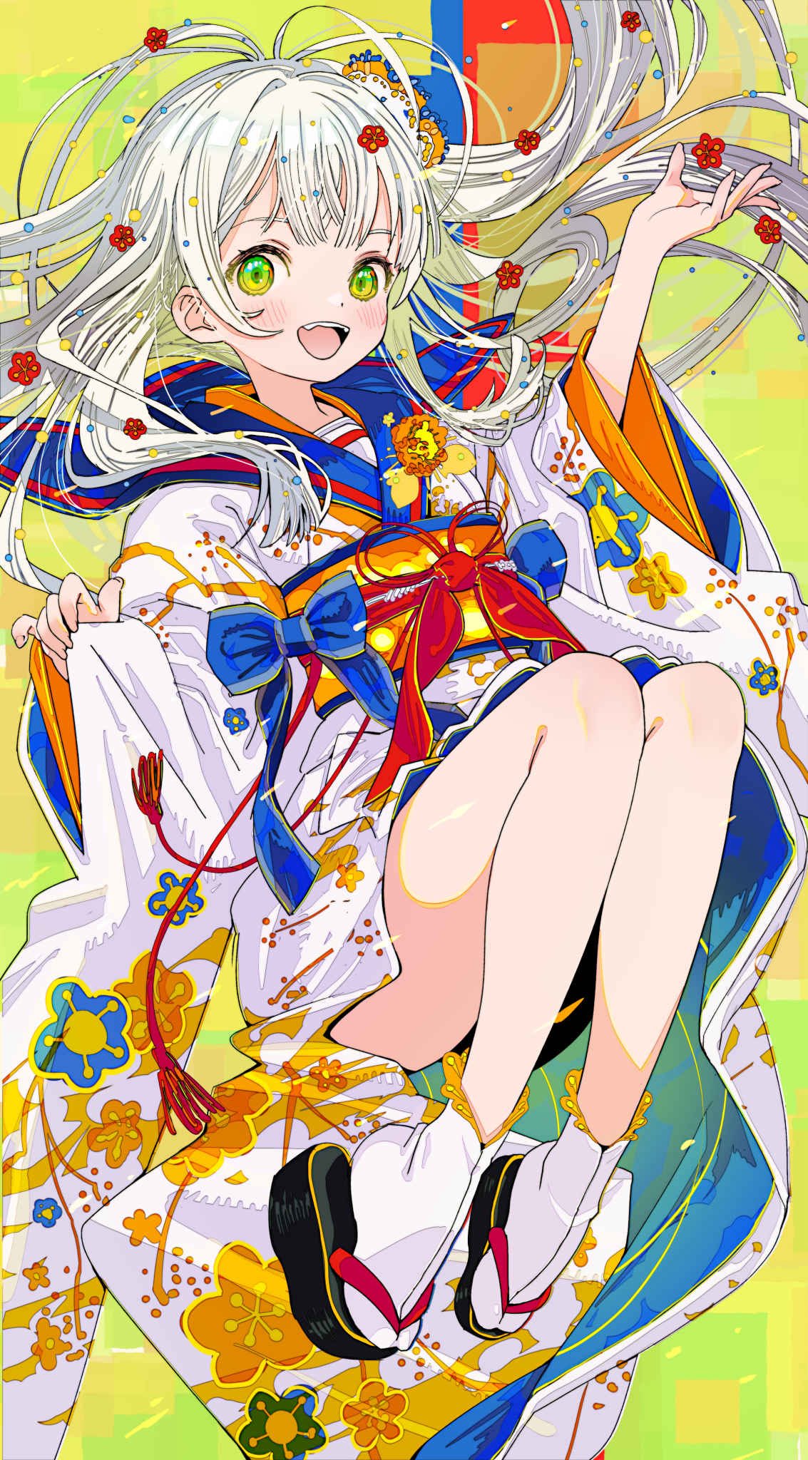 kawamitsu, original, commentary request, highres, 1girl, floral print, floral print kimono, gradient eyes, japanese clothes, kimono, long hair, multicolored eyes, obi, okobo, platform sandals, print kimono, sailor collar, sandals, sash, short kimono, solo, tabi, thighs, white hair