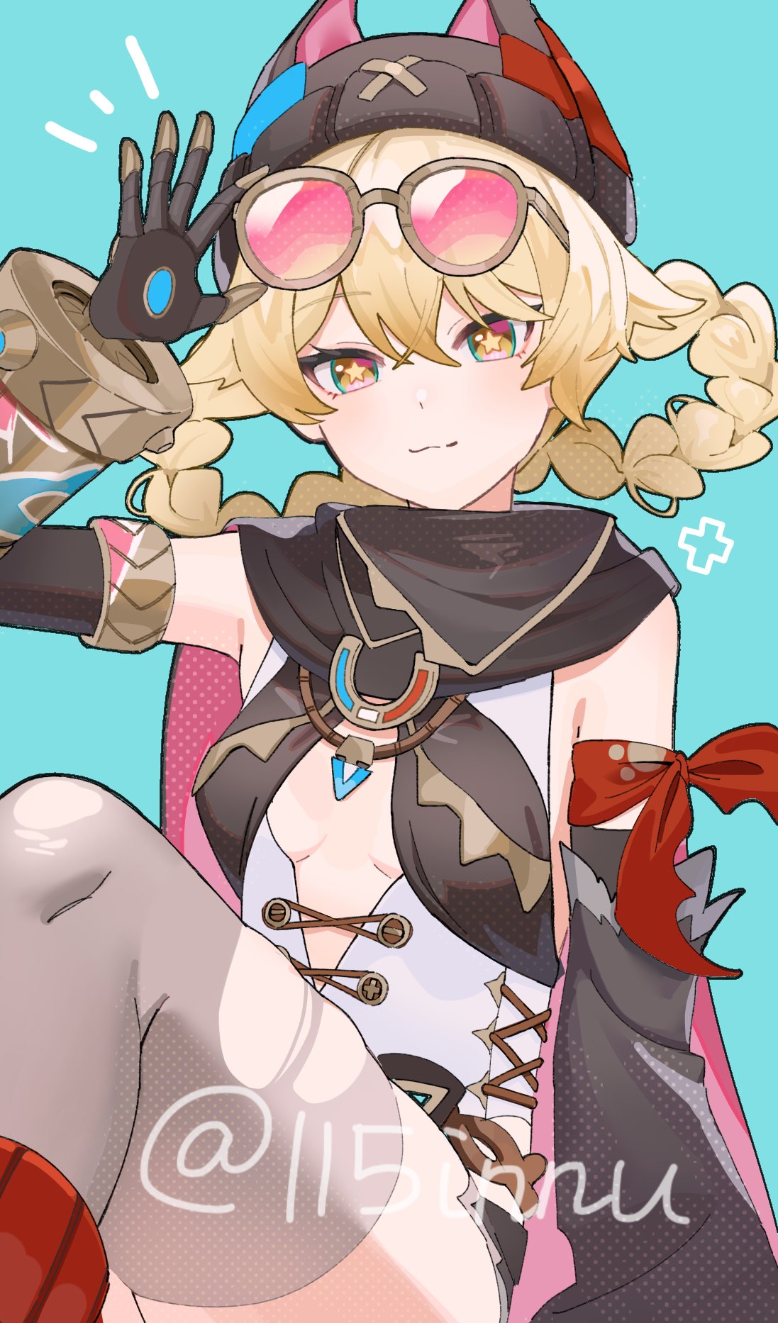 115innu, jahoda (genshin impact), genshin impact, commentary, highres, 1girl, :3, animal ear headwear, aqua background, beanie, black hat, black scarf, blonde hair, braid, braided hair rings, breasts, closed mouth, detached sleeves, eyewear on head, fake animal ears, grey thighhighs, hair between eyes, hair rings, hat, looking at viewer, mechanical arms, pink-tinted eyewear, scarf, simple background, single detached sleeve, single mechanical arm, sitting, solo, star-shaped pupils, star (symbol), symbol-shaped pupils, thighhighs, tinted eyewear, torn clothes, torn thighhighs, twitter username, yellow-framed eyewear, yellow eyes, yellow pupils