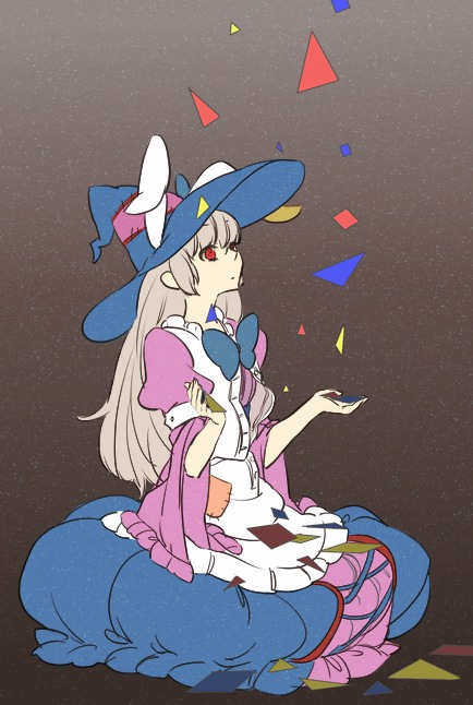 niwasaki, irisu kyouko, irisu shoukougun!, silver hair, 1girl, animal ears, apron, bow, dress, female focus, hat, long hair, rabbit ears, red eyes, shapes, sitting, solo, square, triangle