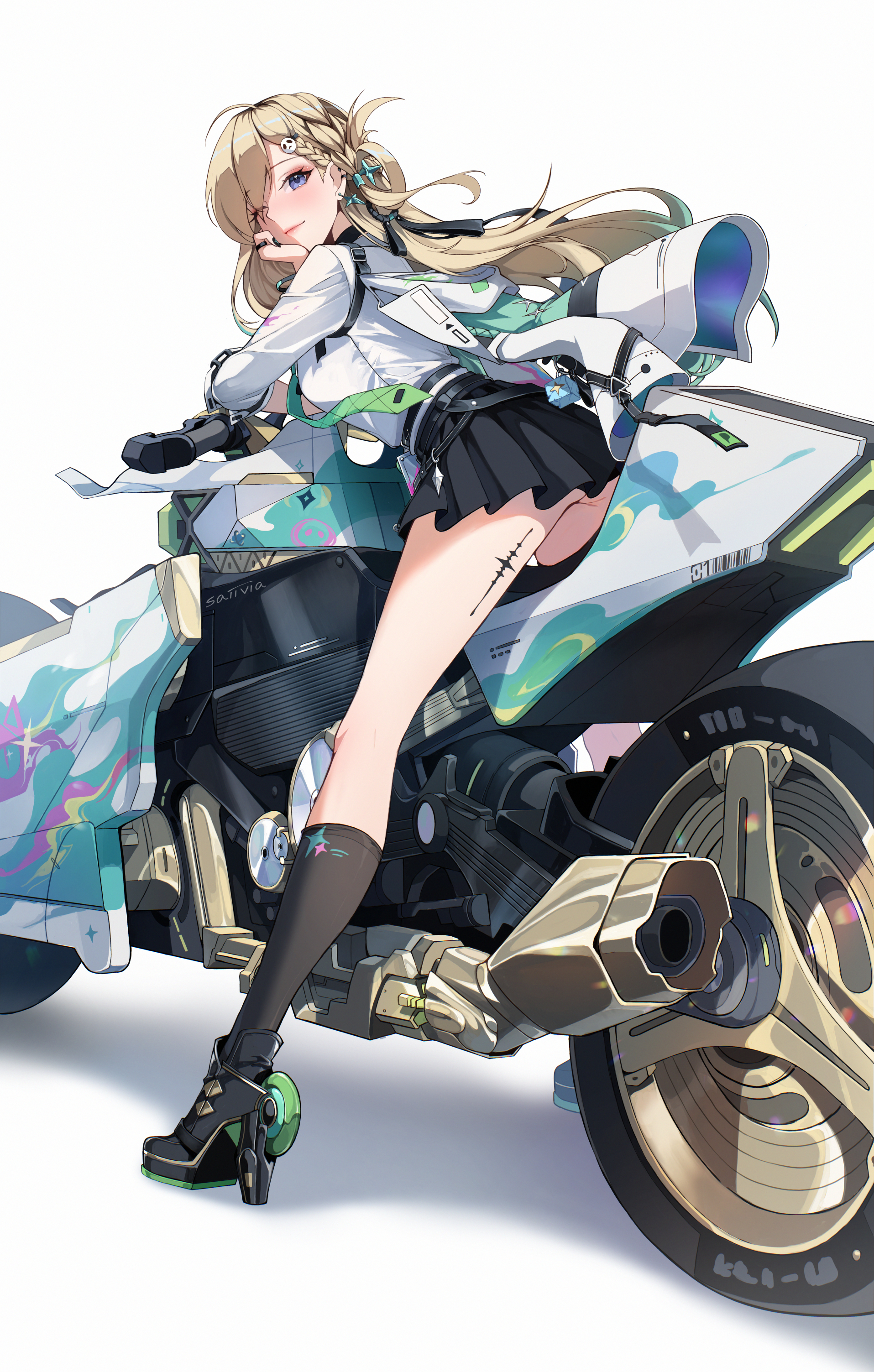 saiivia, lynae (wuthering waves), wuthering waves, absurdres, commentary, highres, 1girl, black nails, black shoes, black skirt, black socks, blonde hair, blue eyes, braid, braided bangs, breasts, closed mouth, earrings, fingernails, from side, gradient hair, green hair, green necktie, hair ornament, jacket, jewelry, leaning forward, long hair, looking at viewer, looking to the side, medium breasts, motor vehicle, motorcycle, multicolored hair, nail polish, necktie, one eye closed, shirt, shirt tucked in, shoes, simple background, skirt, skull hair ornament, smile, socks, solo, star (symbol), star earrings, tacet mark (wuthering waves), thighs, white background, white jacket, white shirt