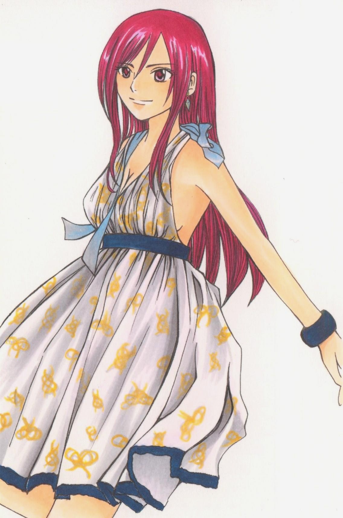 hisame himemiya, erza scarlet, fairy tail, highres, 00s, 1girl, bare shoulders, casual, dress, female focus, simple background, solo, white background