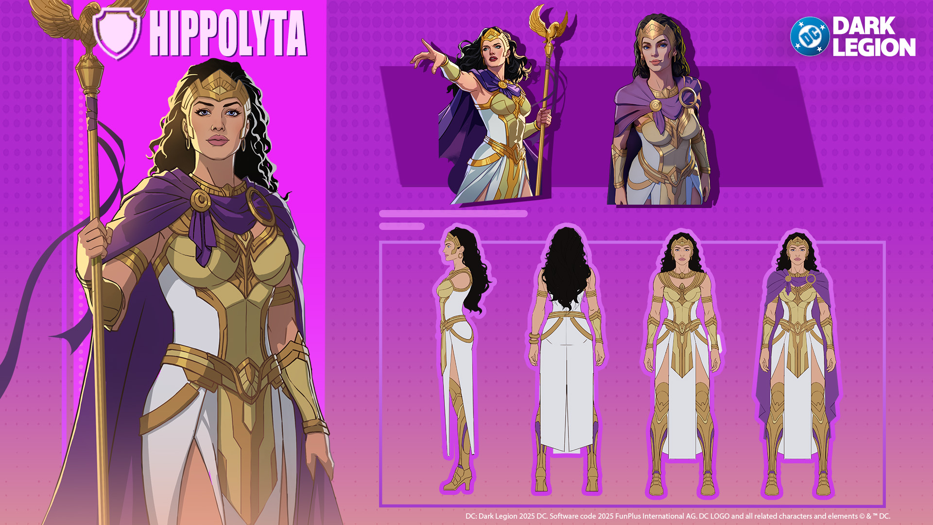 hippolyta (dc), dc comics, wonder woman (series), commentary, english commentary, highres, official art, black hair, boots, breasts, cape, dc: dark legion, dress, earrings, full body, gold boots, gold bracer, gold dress, gold earrings, hair slicked back, headpiece, holding, holding wand, jewelry, long dress, mature female, medium breasts, multicolored dress, pelvic curtain, pink lips, purple cape, reference sheet, sleeveless, sleeveless dress, thigh boots, wand, wavy hair, white dress