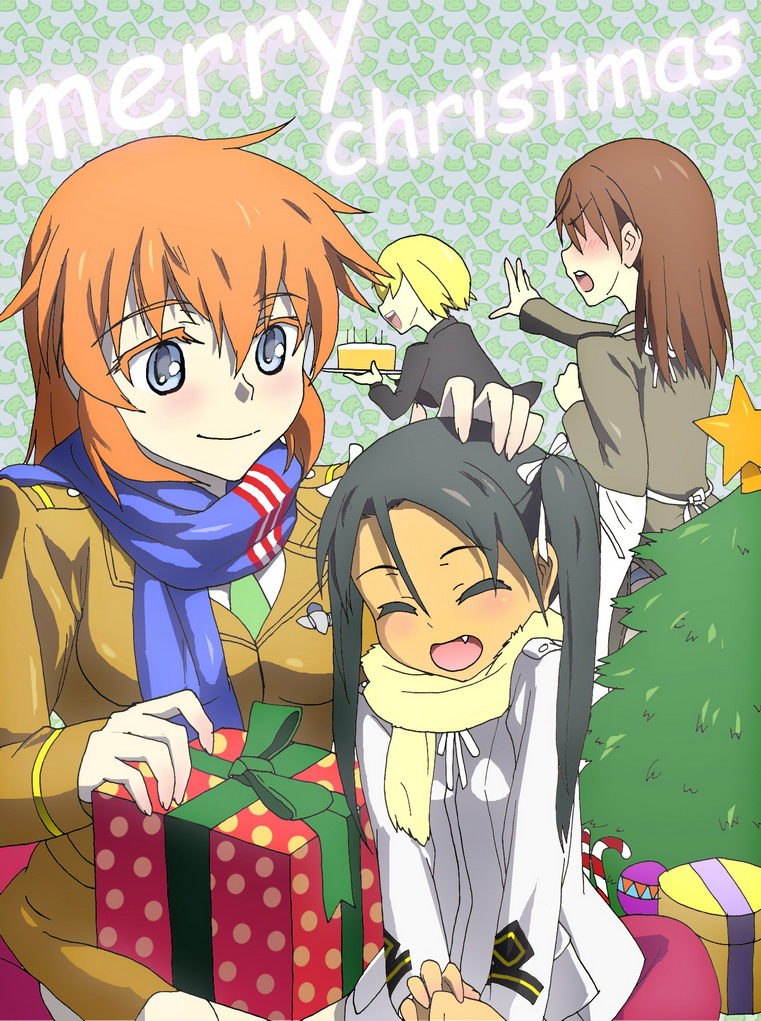 kisetsu, charlotte e. yeager, erica hartmann, francesca lucchini, gertrud barkhorn, minna-dietlinde wilcke, strike witches, world witches series, bad id, bad pixiv id, 00s, 4girls, black hair, blonde hair, blue eyes, blush, brown hair, cake, christmas, christmas tree, closed eyes, food, gift, multiple girls, open mouth, orange hair, pastry, scarf, short hair, smile, twintails