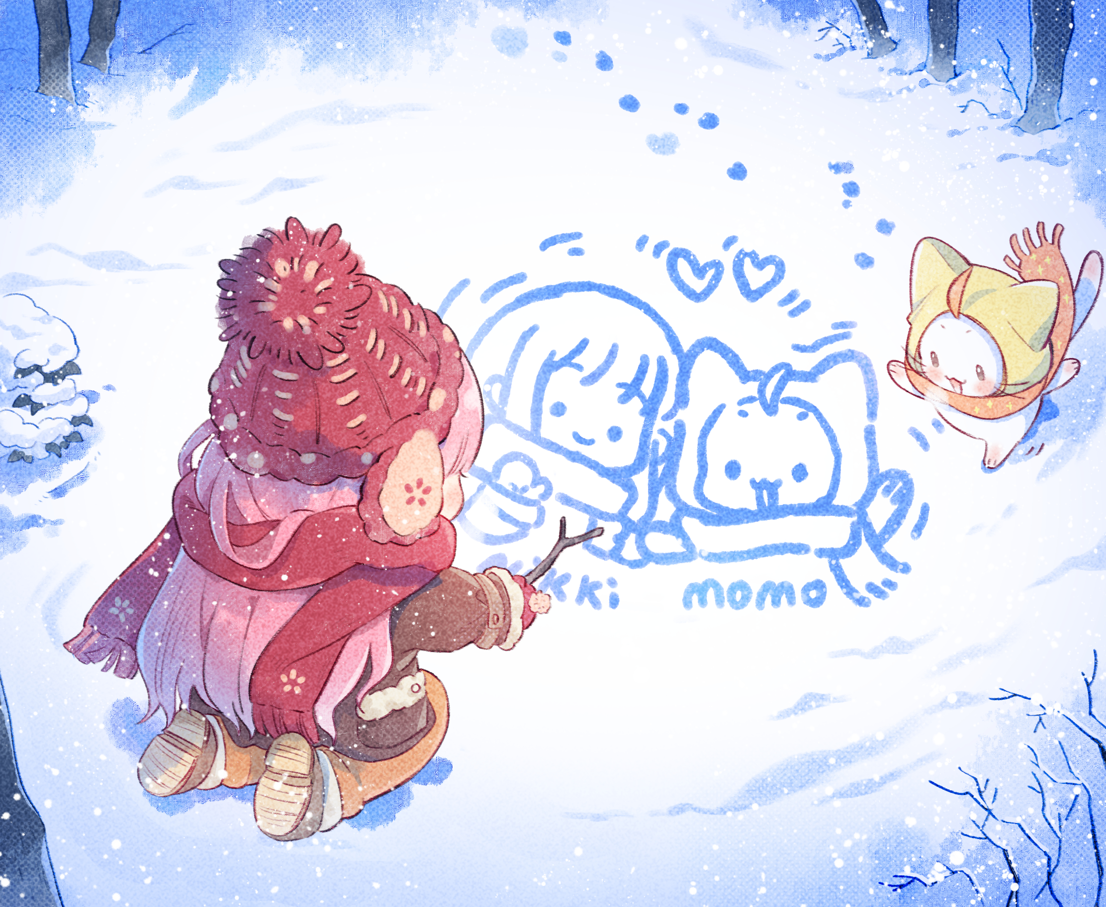 momo (nikki), nikki (nikki), nikki (series), shining nikki, artist request, chinese commentary, commentary request, highres, official art, second-party source, 1girl, ahoge, animal, bare tree, beanie, boots, breath, brown boots, brown coat, bush, cat, chibi, cloak, clothed animal, coat, drawing (action), ear covers, earmuffs, floral print, footprints, fringe trim, from behind, fur-trimmed sleeves, fur trim, gloves, hat, heart, holding, holding stick, hood, hood up, hooded cloak, kneeling, long hair, long sleeves, looking at object, motion lines, orange pants, orange scarf, pants, pink hair, pocket, pom pom (clothes), pom pom beanie, print scarf, red gloves, red hat, red scarf, scarf, snowing, stick, tree, very long hair, whiskers, white cat, winter, winter clothes, winter coat, yellow cloak