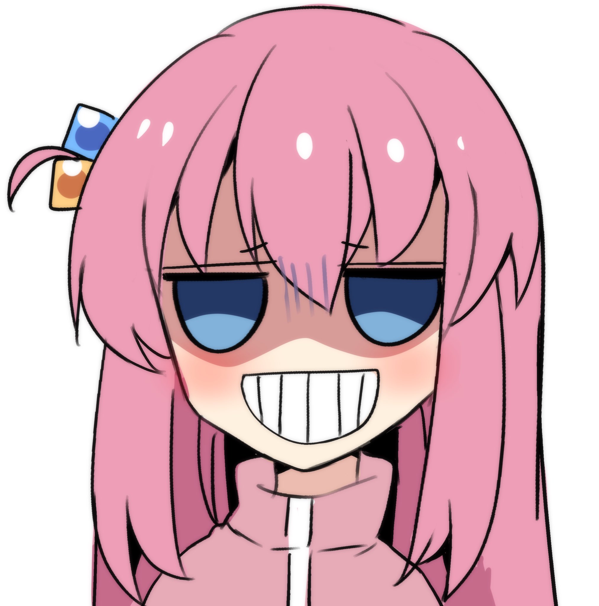 hinghoi, gotoh hitori, bocchi the rock!, commentary, highres, 1girl, blue eyes, cube hair ornament, deformed, furrowed brow, gloom (expression), grin, hair between eyes, hair ornament, jacket, long hair, looking at viewer, nervous smile, no pupils, one side up, pink hair, pink jacket, portrait, shaded face, simple background, smile, solo, track jacket, white background