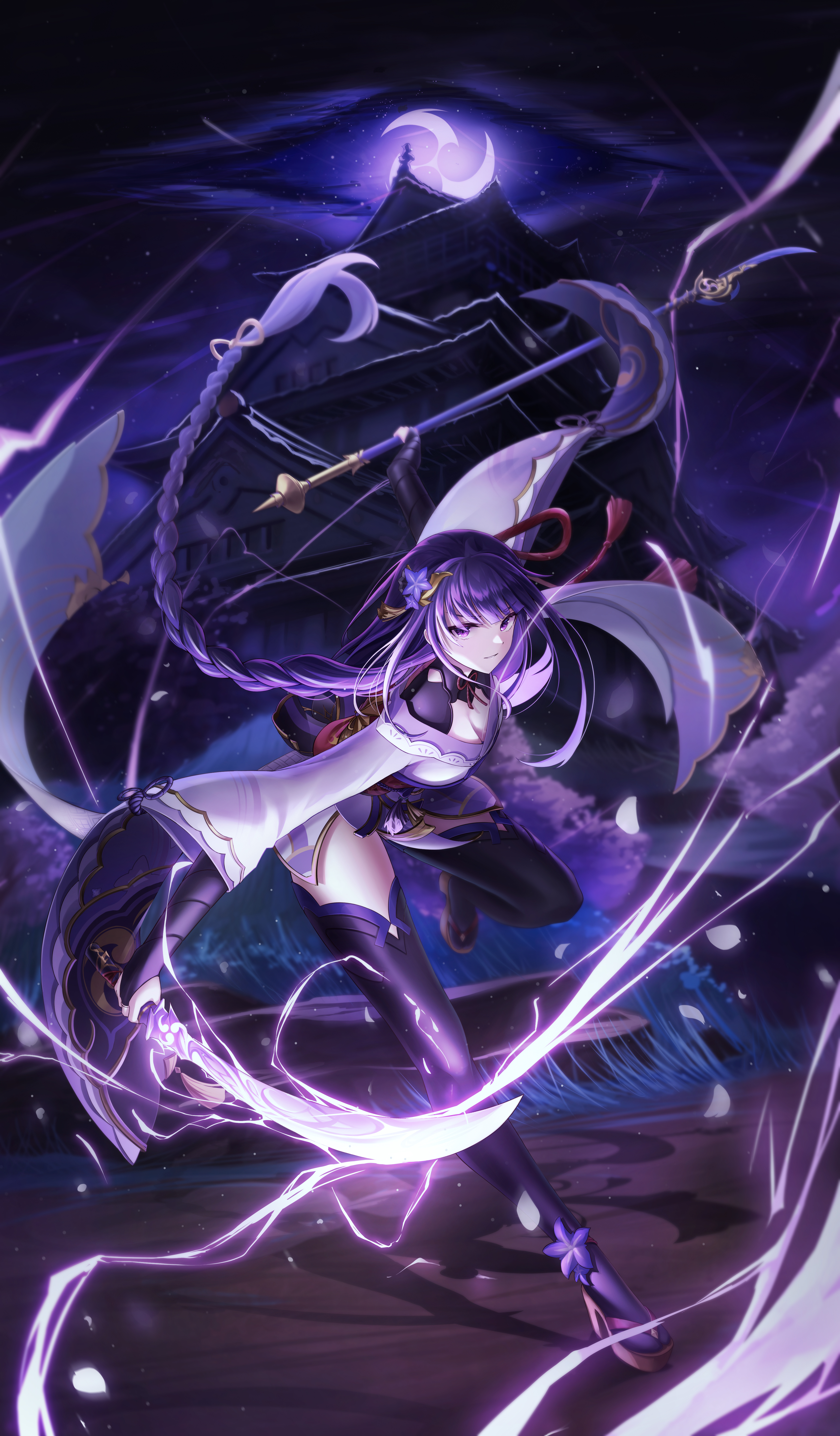 tiokun7, raiden shogun, genshin impact, absurdres, commentary, highres, 1girl, architecture, back bow, blunt bangs, bow, breasts, bridal gauntlets, cleavage, closed mouth, cloud, cloudy sky, east asian architecture, electricity, electro symbol (genshin impact), engulfing lightning (genshin impact), full body, glowing, glowing sword, glowing weapon, gradient hair, hair ornament, hair ribbon, holding, holding polearm, holding sword, holding weapon, inazuma city, japanese clothes, katana, kimono, large breasts, leaning forward, long braid, long sleeves, mole, mole under eye, multicolored hair, musou isshin (genshin impact), off shoulder, polearm, purple eyes, purple hair, purple kimono, purple sky, purple thighhighs, red sash, ribbon, sash, shade, shadow, sky, solo, storm, sword, thighhighs, thighs, weapon, wide sleeves