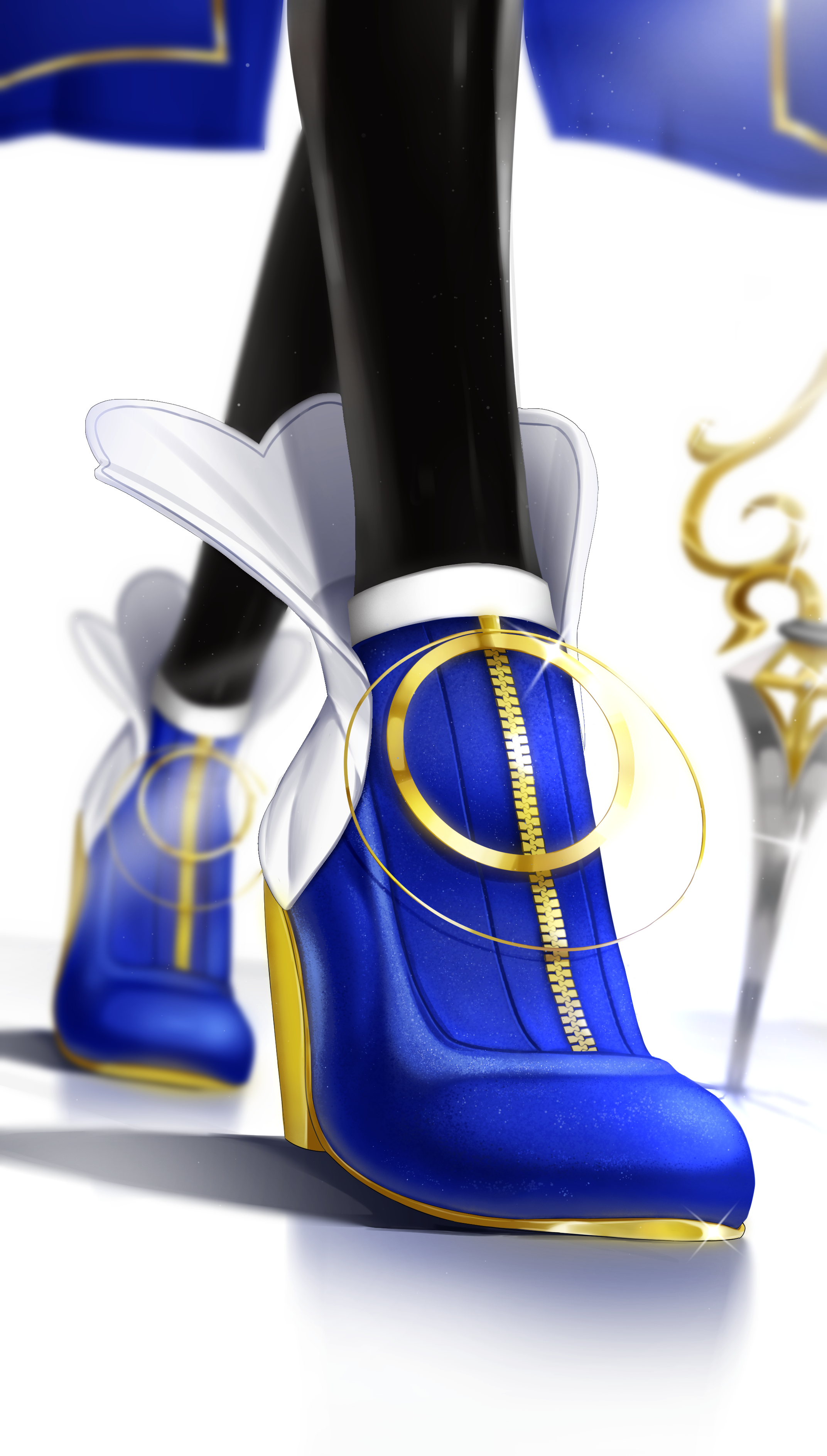 luke s (artist), ouro kronii, ouro kronii (1st costume), hololive, hololive english, absurdres, commentary, english commentary, highres, 1girl, black thighhighs, blue shoes, footwear focus, high heels, shoes, solo, thighhighs, virtual youtuber, white background, zipper