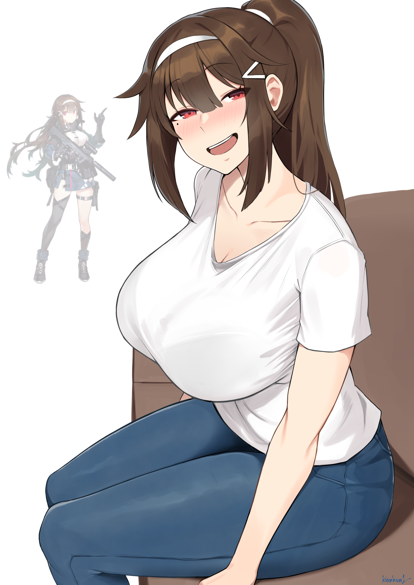 kion-kun, js 9 (girls' frontline), girls' frontline, commentary, english commentary, highres, 1girl, breasts, brown hair, denim, high ponytail, huge breasts, jeans, long hair, looking at viewer, looking to the side, mole, mole under eye, multiple views, open mouth, pants, ponytail, red eyes, reference inset, shirt, simple background, sitting, t-shirt, v-neck, white background, white shirt