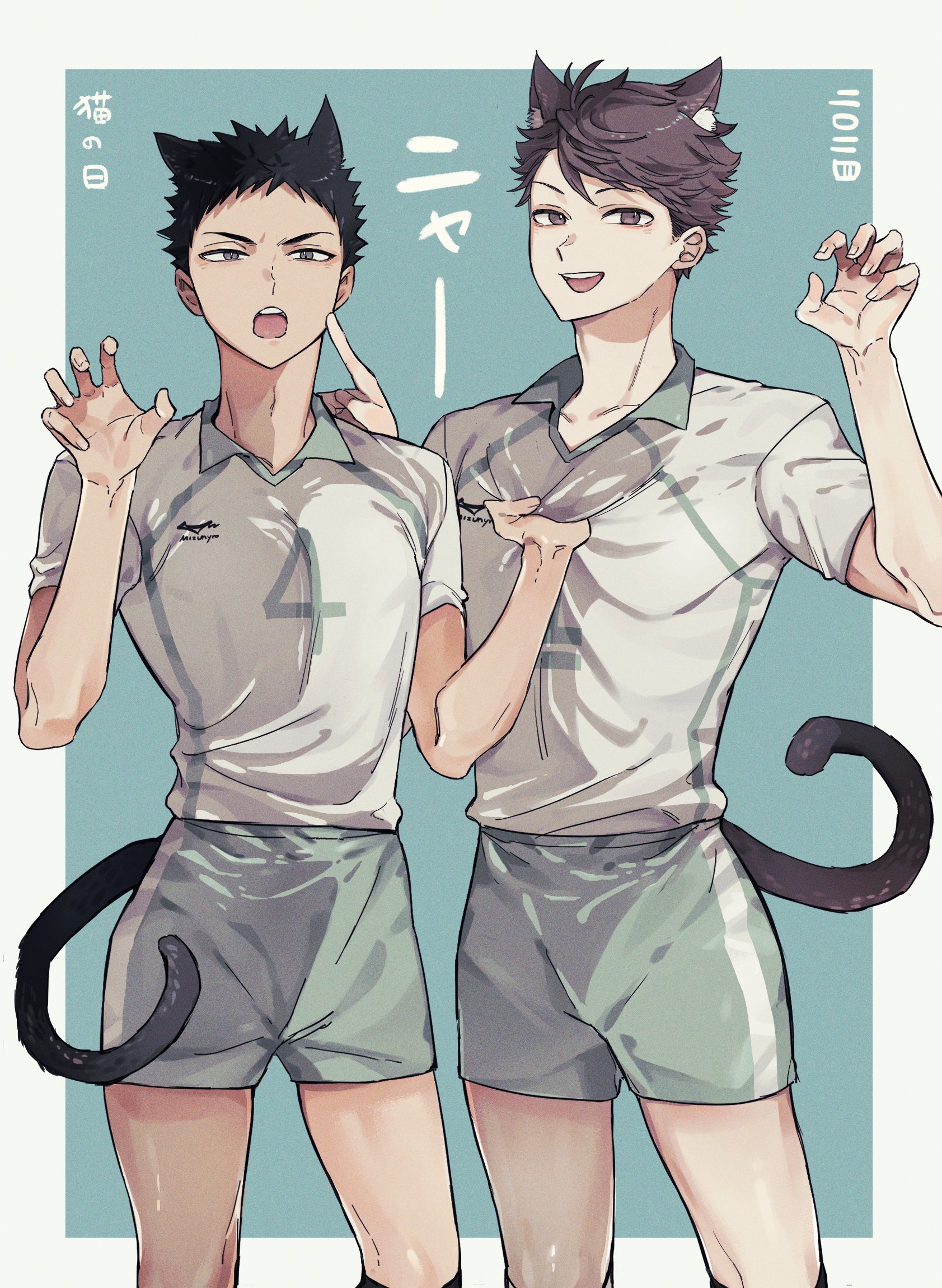 iwaizumi hajime, oikawa tooru (haikyuu!!), haikyuu!!, commentary request, highres, translation request, 2boys, animal ears, aoba johsai volleyball uniform, aqua background, aqua shorts, black hair, border, brown eyes, brown hair, cat boy, cat ears, cat tail, clothes grab, collared shirt, cowboy shot, finger to another's cheek, grabbing another's shirt, hcerealq, knee pads, looking at viewer, male focus, multiple boys, open mouth, paw pose, shirt, shorts, simple background, sportswear, tail, teeth, volleyball uniform, white border