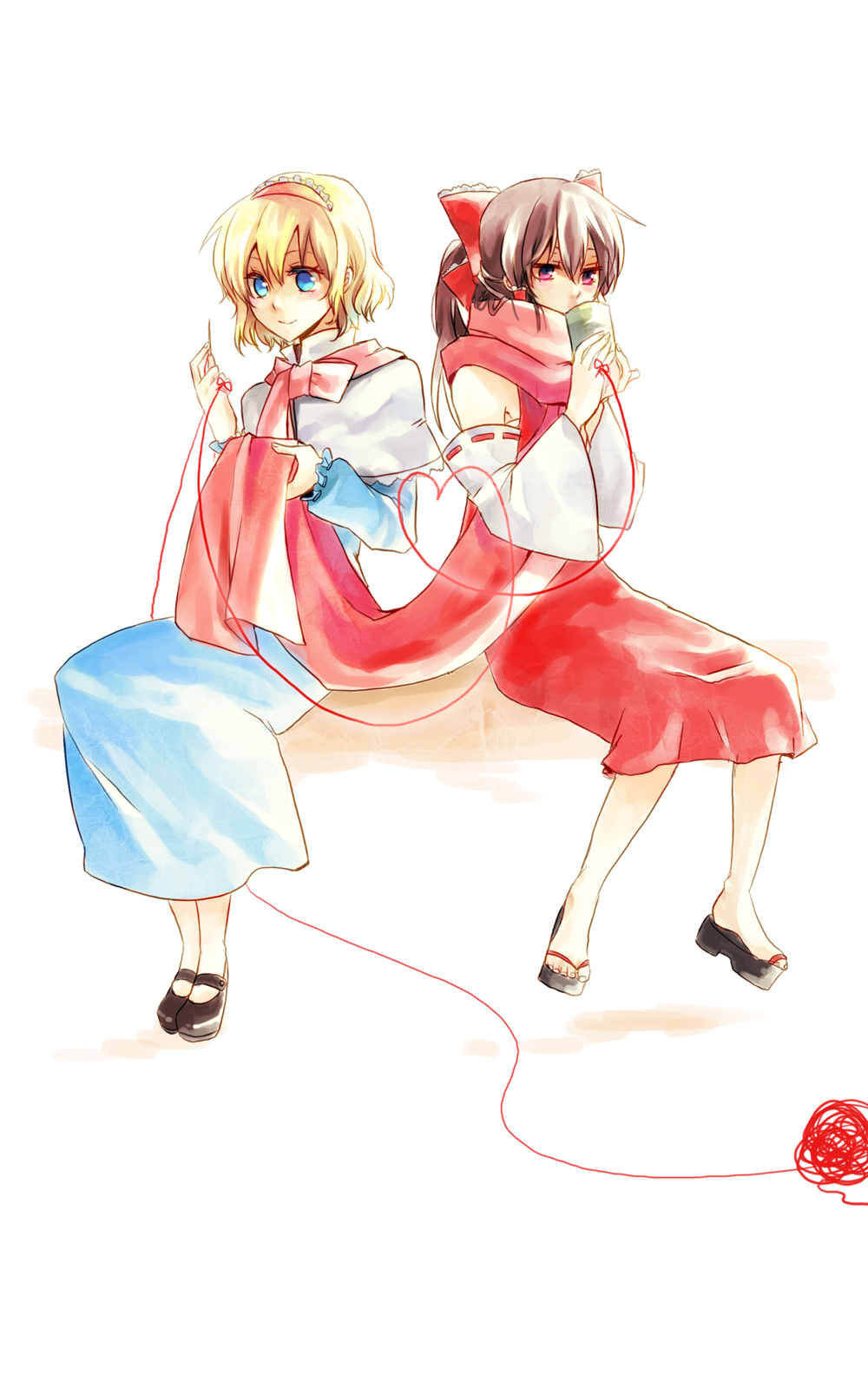nr (cerumia), nr (cmnrr), nr (pixiv), alice margatroid, hakurei reimu, perfect cherry blossom, touhou, bad id, bad pixiv id, highres, 2girls, blonde hair, blue eyes, bow, brown hair, cup, detached sleeves, drinking, female focus, hair bow, hairband, heart, heart of string, mary janes, multiple girls, ponytail, red eyes, sandals, scarf, sewing, shoes, short hair, smile, string, string of fate, tea, yunomi