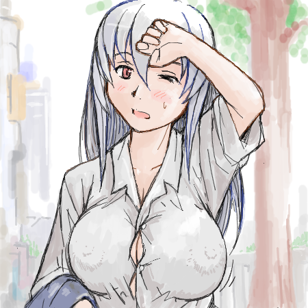 tsuda nanafushi, suigintou, rozen maiden, silver hair, lowres, third-party edit, 00s, 1girl, aged up, breasts, bursting breasts, casual, cleavage, clothes pull, female focus, huge breasts, large areolae, nipples, no bra, one eye closed, puffy nipples, red eyes, shirt pull, solo, straining buttons, sweat, wink