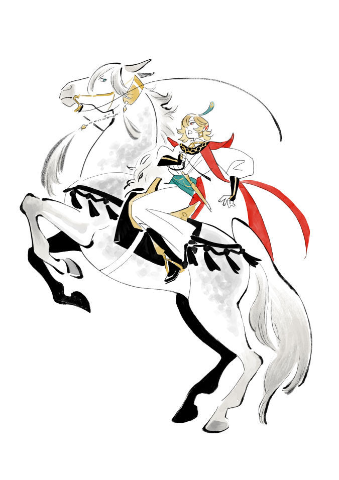 hwei, alhaitham (genshin impact), kaveh (genshin impact), genshin impact, commentary, english commentary, 1boy, animalization, black gloves, blonde hair, fingerless gloves, gloves, male focus, open mouth, pants, parted hair, shirt, short hair, simple background, sitting, white background, white shirt