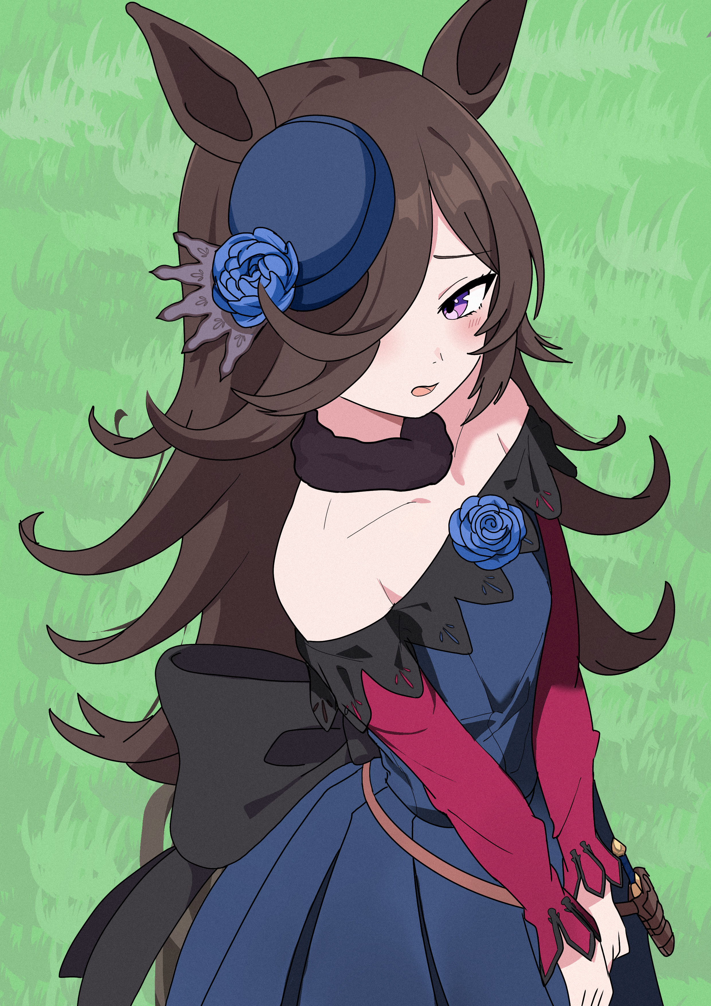 rice shower (rosy dreams) (umamusume), rice shower (umamusume), umamusume, absurdres, commentary request, highres, 1girl, animal ears, bare shoulders, black bow, black dress, blue flower, blue hat, blue rose, blush, bow, brown hair, brown tail, dagger, dress, dress bow, flipped hair, flower, from above, from side, fur choker, grass, hair over one eye, hat, hat flower, horse ears, horse girl, horse tail, knife, long hair, looking at viewer, off-shoulder dress, off shoulder, open mouth, outdoors, purple eyes, rose, solo, standing, tail, tilted headwear, v arms, waist bow, weapon, zartrial025
