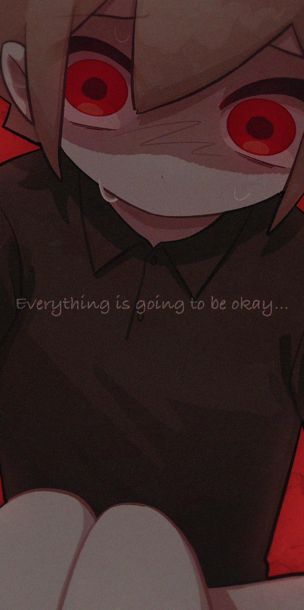 yksm oe, basil (faraway) (omori), basil (omori), omori, commentary request, highres, 1boy, alternate costume, black shirt, blonde hair, collared shirt, double-parted bangs, english text, hair between eyes, looking at viewer, male focus, no mouth, red eyes, shirt, short hair, short sleeves, sidelocks, solo, sweat