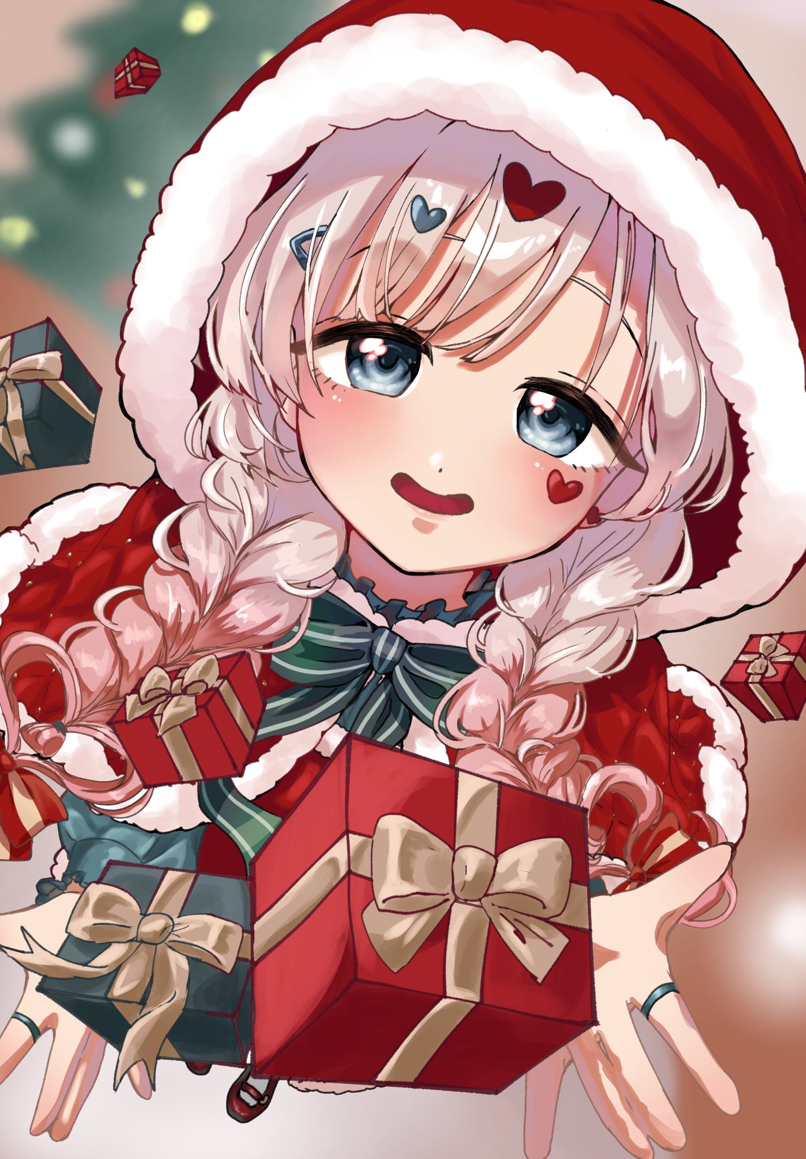 bataguro171129, kedarui aashii, kimi no koto ga dai dai dai dai daisuki na 100-nin no kanojo, commentary request, highres, 1girl, blonde hair, blue eyes, blush, bow, braid, capelet, christmas, earrings, from above, fur-trimmed hood, fur trim, gift, gradient hair, green bow, hair ornament, hairclip, heart, heart earrings, heart hair ornament, heart on cheek, holding, holding gift, hood, hood up, hooded capelet, jewelry, looking at viewer, multicolored hair, open mouth, pink hair, red capelet, red hood, ring, santa costume, smile, solo, twin braids
