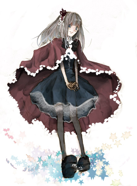 toukoku sasaiko, ushiromiya maria, umineko no naku koro ni, bad id, bad pixiv id, 00s, 1girl, brown hair, cape, crown, dress, female focus, pantyhose, short hair, solo, star (symbol)