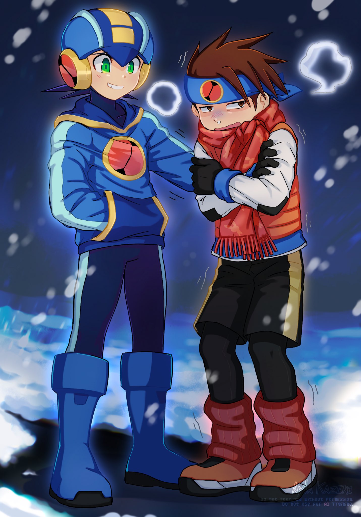 ayla kazemi, lan hikari (mega man), megaman.exe, mega man (series), mega man battle network (series), commentary, highres, symbol-only commentary, 2boys, black shorts, blue bodysuit, blue headband, blue helmet, blue hoodie, bodysuit, brothers, brown eyes, brown hair, cold, full body, green eyes, headband, helmet, hood, hoodie, male focus, multiple boys, netnavi, orange hair, parted lips, red scarf, scarf, shirt, shorts, siblings, smile, snowing, twins, white shirt