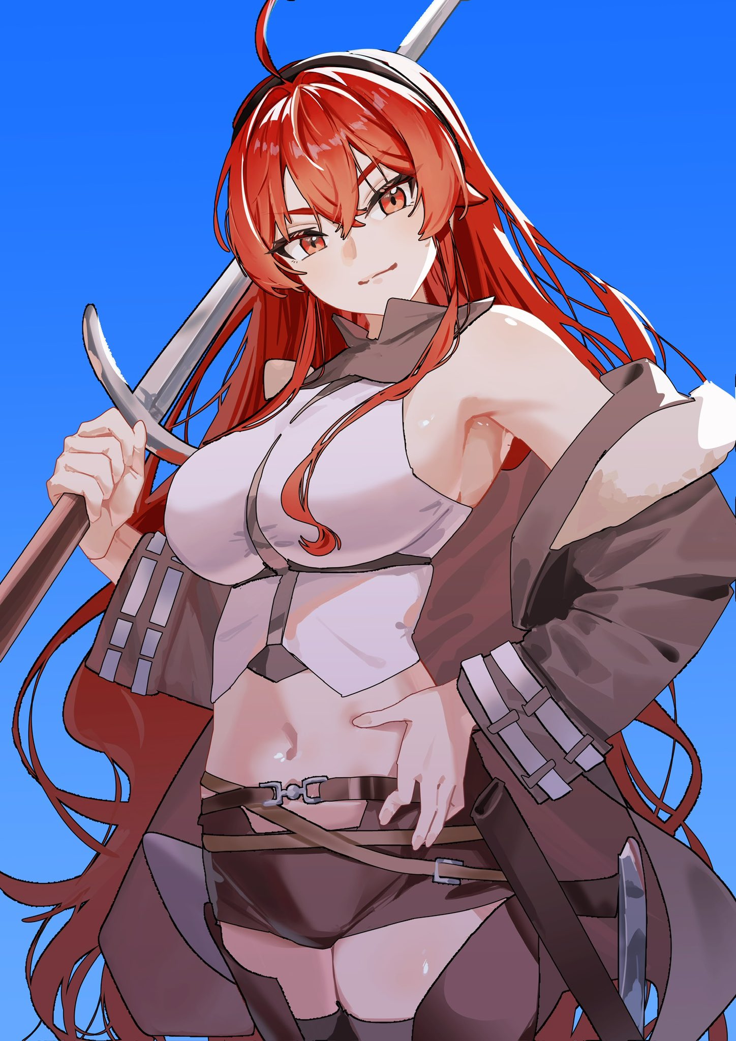 eris greyrat, mushoku tensei, commentary request, highres, 1girl, ahoge, belt, black boots, black hairband, black jacket, black shorts, black thighhighs, blue background, boots, breasts, closed mouth, cowboy shot, cropped shirt, crossed bangs, fur-trimmed jacket, fur trim, gradient background, hair between eyes, hairband, hand on own hip, holding, holding sword, holding weapon, jacket, large breasts, long hair, long sleeves, looking at viewer, mijinko (mjkondoria), multiple belts, navel, off shoulder, red eyes, red hair, shirt, short shorts, shorts, sleeveless, sleeveless shirt, solo, sword, thigh boots, thighhighs, very long hair, weapon, white shirt