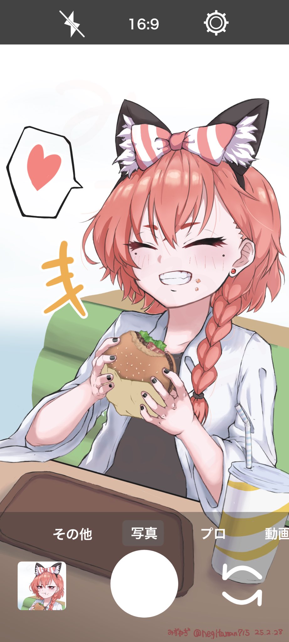 negitaman, neru (blue archive), neru (school uniform) (blue archive), blue archive, highres, 1girl, animal ear fluff, animal ear hairband, animal ears, black hairband, black nails, black shirt, booth seating, bow, braid, burger, camera phone, cat ear hairband, cat ears, closed eyes, drink, drinking straw, earrings, eating, fake animal ears, fast food, food, food on face, hair bow, hair over shoulder, hair tie, hairband, heart, holding, holding food, jewelry, laughing, long hair, mole, mole under each eye, mole under eye, multiple moles, open clothes, open shirt, orange hair, shirt, side braid, sitting, smile, solo, spoken heart, striped bow, t-shirt, tray, twitter username, undershirt, white background, white shirt