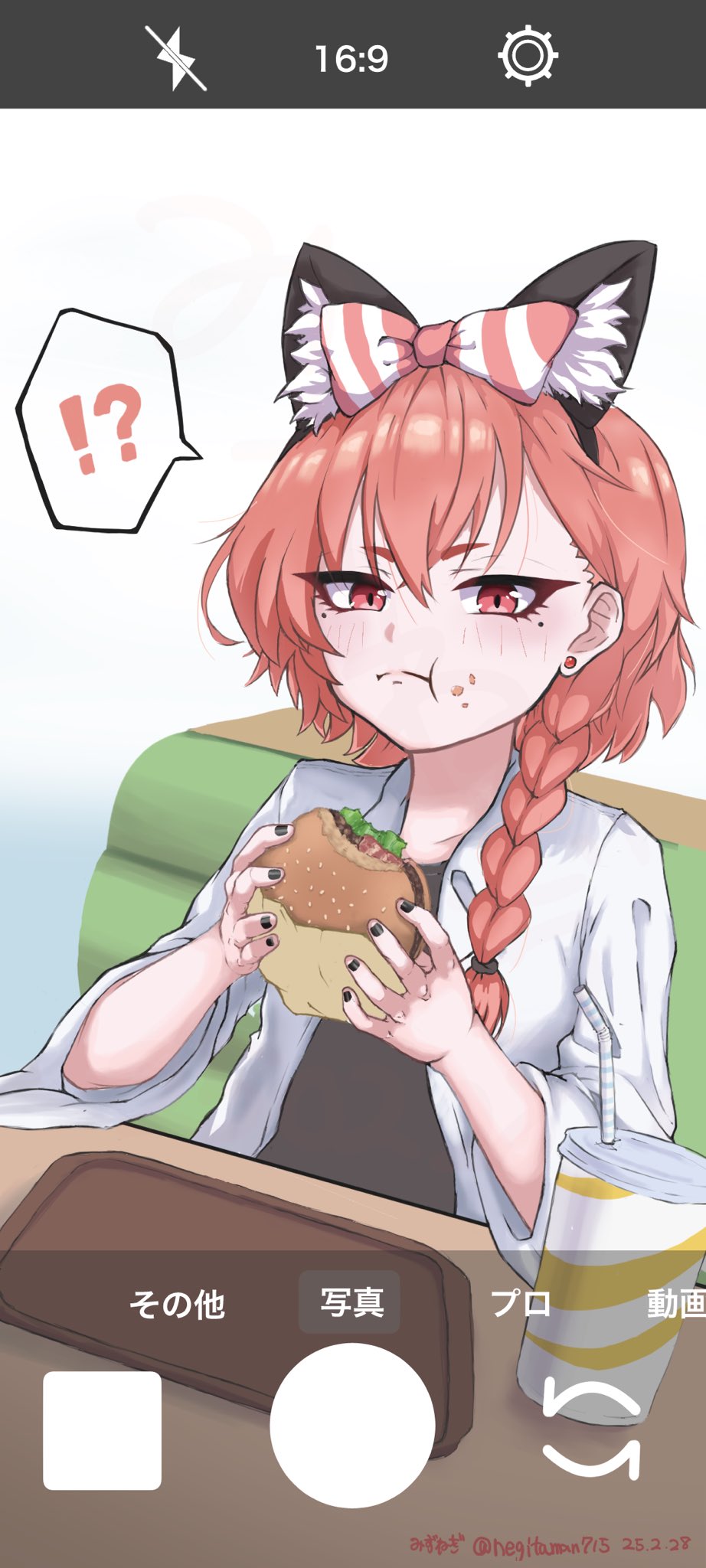 negitaman, neru (blue archive), neru (school uniform) (blue archive), blue archive, highres, !?, 1girl, animal ear fluff, animal ear hairband, animal ears, black hairband, black nails, black shirt, booth seating, bow, braid, burger, camera phone, cat ear hairband, cat ears, chewing, drink, drinking straw, earrings, eating, fake animal ears, fast food, food, food on face, hair bow, hair over shoulder, hair tie, hairband, holding, holding food, jewelry, long hair, mole, mole under each eye, mole under eye, multiple moles, open clothes, open shirt, orange hair, red eyes, shirt, side braid, sitting, solo, spoken interrobang, striped bow, t-shirt, tray, twitter username, undershirt, white background, white shirt