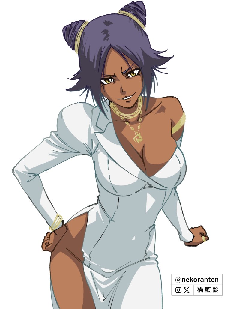 nekoranten, shihouin yoruichi, bleach, making-of available, 1girl, alternate hairstyle, artist name, bare shoulders, bracelet, breasts, collarbone, dark-skinned female, dark skin, dress, female focus, hand on own hip, instagram username, jewelry, large breasts, necklace, parted bangs, puffy sleeves, purple hair, simple background, twitter username, white background, yellow eyes