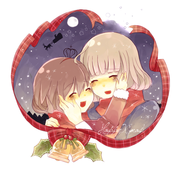 yuniko, ushiromiya maria, ushiromiya rosa, umineko no naku koro ni, bad id, bad pixiv id, 00s, 2girls, age difference, bell, brown hair, christmas, closed eyes, crown, mother and daughter, multiple girls, scarf, short hair, smile