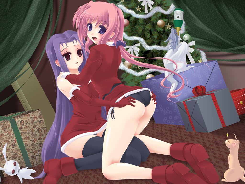 frapowa, caro ru lushe, friedrich (nanoha), lutecia alpine, yuuno scrya, lyrical nanoha, mahou senki lyrical nanoha force, mahou shoujo lyrical nanoha, 00s, 2girls, alcohol, ass, bottle, bow, christmas, christmas tree, dragon, drinking, ferret, gift, hair bow, long hair, multiple girls, panties, pink hair, ponytail, purple eyes, purple hair, rabbit, red eyes, santa costume, stuffed animal, stuffed rabbit, stuffed toy, thighhighs, underwear, very long hair, wine, yuri, zettai ryouiki