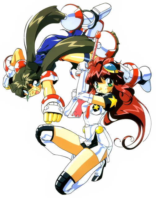 suzuki noritaka, mimu emilton, ranrang palpu, idol project, non-web source, official art, 1990s (style), 2girls, aqua eyes, blue eyes, brown hair, clenched hand, long hair, looking at viewer, multiple girls, necktie, open mouth, over-kneehighs, red hair, retro artstyle, round eyewear, semi-rimless eyewear, side slit, simple background, star (symbol), star print, thighhighs, twintails, white background