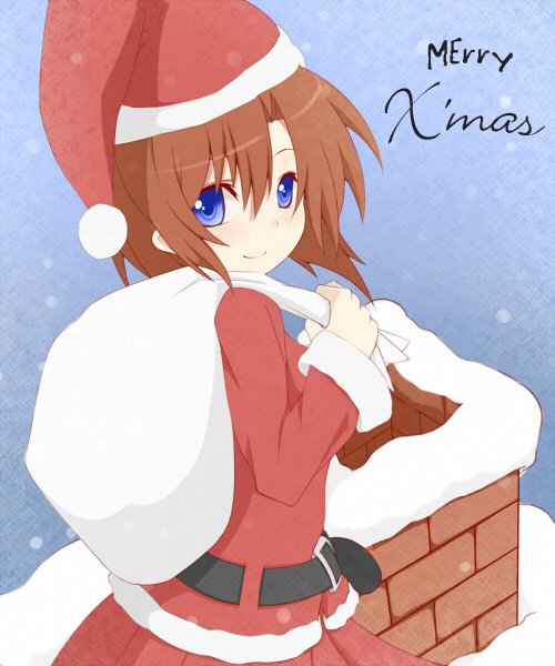 nemu (nebusokugimi), ryuuguu rena, higurashi no naku koro ni, no naku koro ni (series), 00s, 1girl, belt, blue eyes, brown hair, chimney, christmas, female focus, hat, sack, santa costume, santa hat, skirt, snow, solo