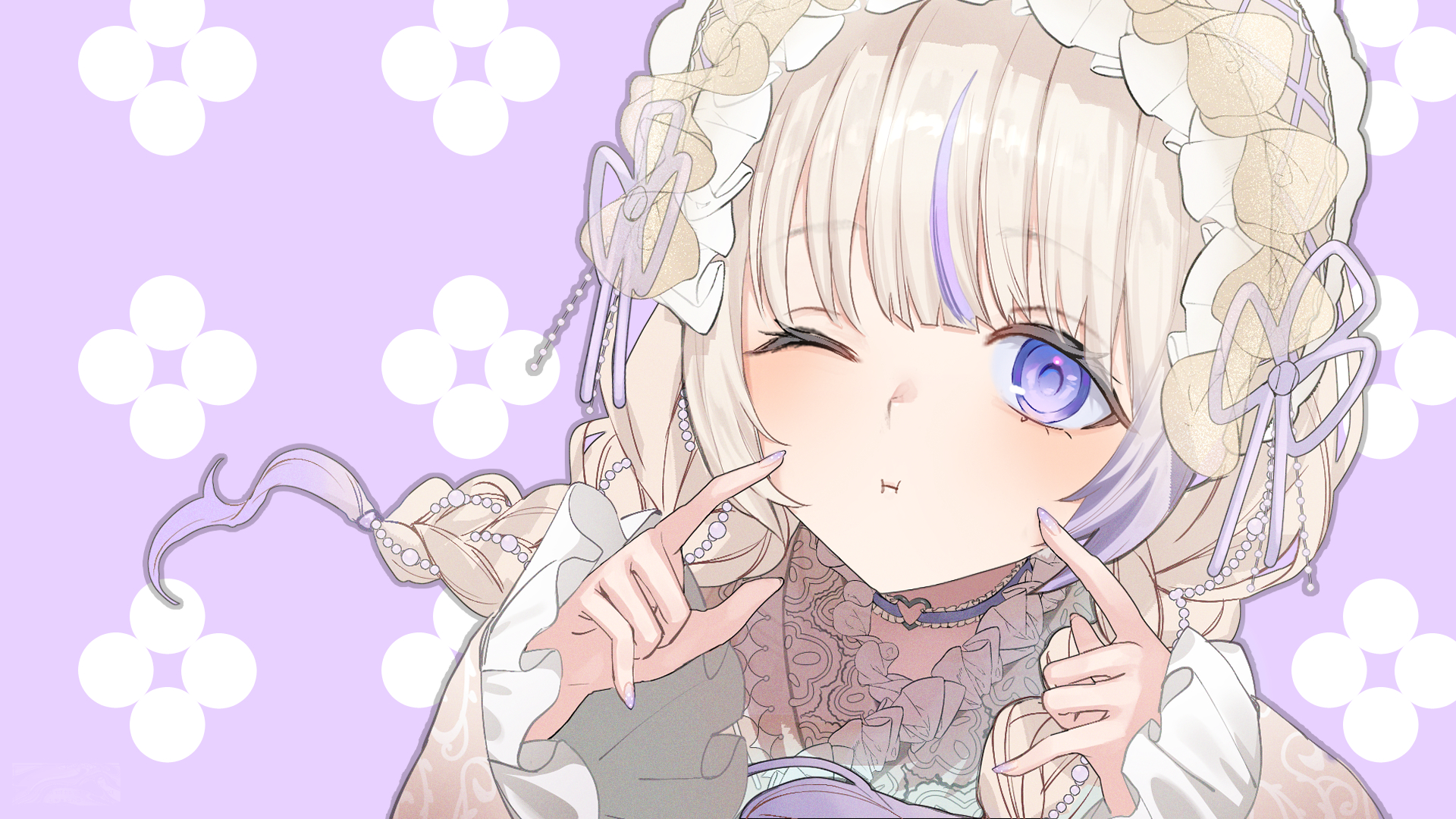 todoroki hajime, hololive, hololive dev is, commentary request, highres, 1girl, blonde hair, braid, choker, frilled sleeves, frills, hairband, heart, heart choker, japanese clothes, kimono, lolita hairband, long hair, looking at viewer, low twin braids, multicolored hair, neki (gotty xxx), one eye closed, purple eyes, purple hair, purple nails, solo, streaked hair, todoroki hajime (new year), twin braids, virtual youtuber, white kimono