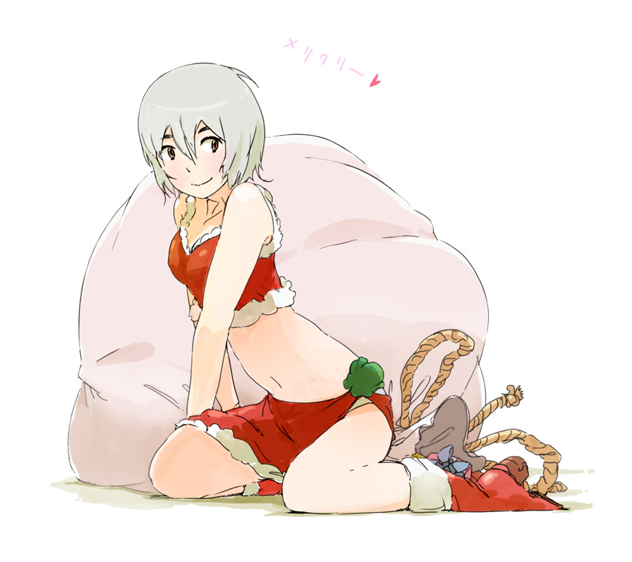 uki atsuya, original, 1girl, christmas, female focus, grey hair, midriff, navel, sack, santa costume, short hair, sitting, smile, solo, wariza