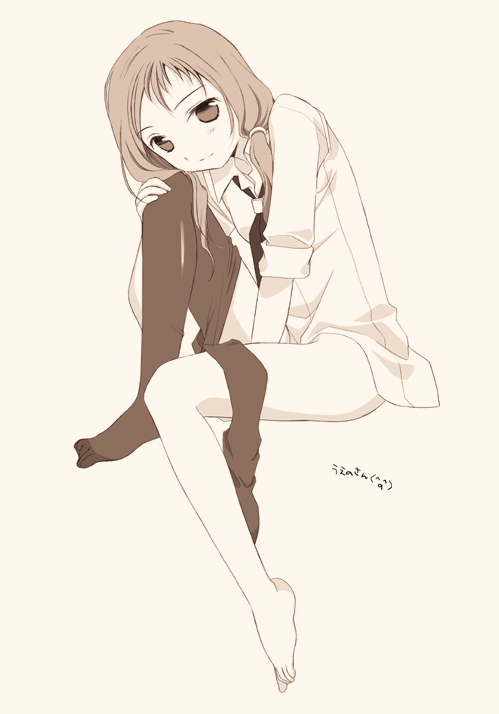 tokumi yuiko, takei hisa, saki (manga), bad id, bad pixiv id, 00s, 1girl, ^ ^, ^q^, barefoot, bottomless, brown theme, closed eyes, clothes pull, feet, female focus, legs, long hair, monochrome, pantyhose, pantyhose around one leg, pantyhose pull, school uniform, smile, solo, twintails