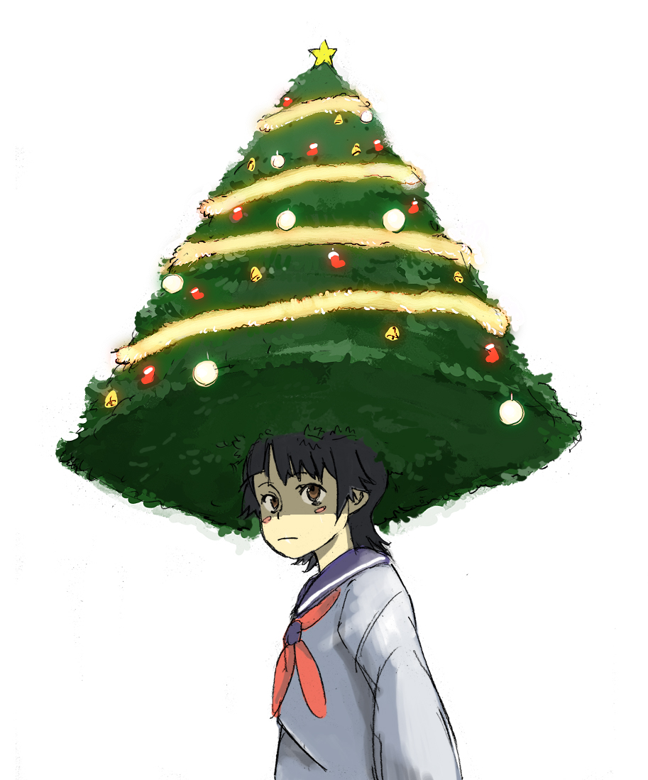 132, uiharu kazari, toaru kagaku no railgun, toaru majutsu no index, 00s, 1girl, black hair, blush stickers, brown eyes, christmas, christmas tree, female focus, hair ornament, school uniform, serafuku, short hair, solo