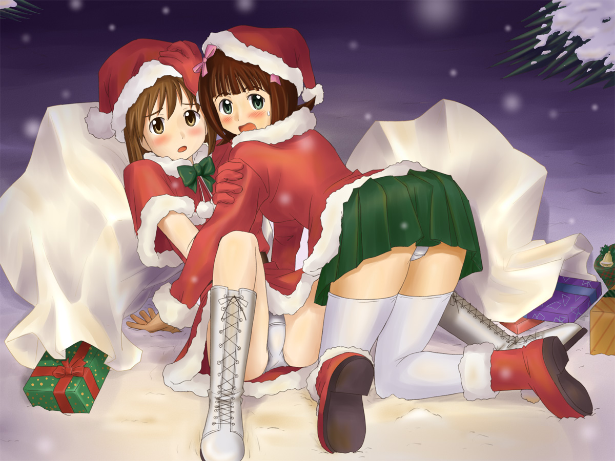 lielos, amami haruka, hagiwara yukiho, idolmaster, idolmaster (classic), 00s, 2girls, bent over, boots, christmas, legs, multiple girls, panties, santa costume, snow, thighhighs, underwear, upskirt