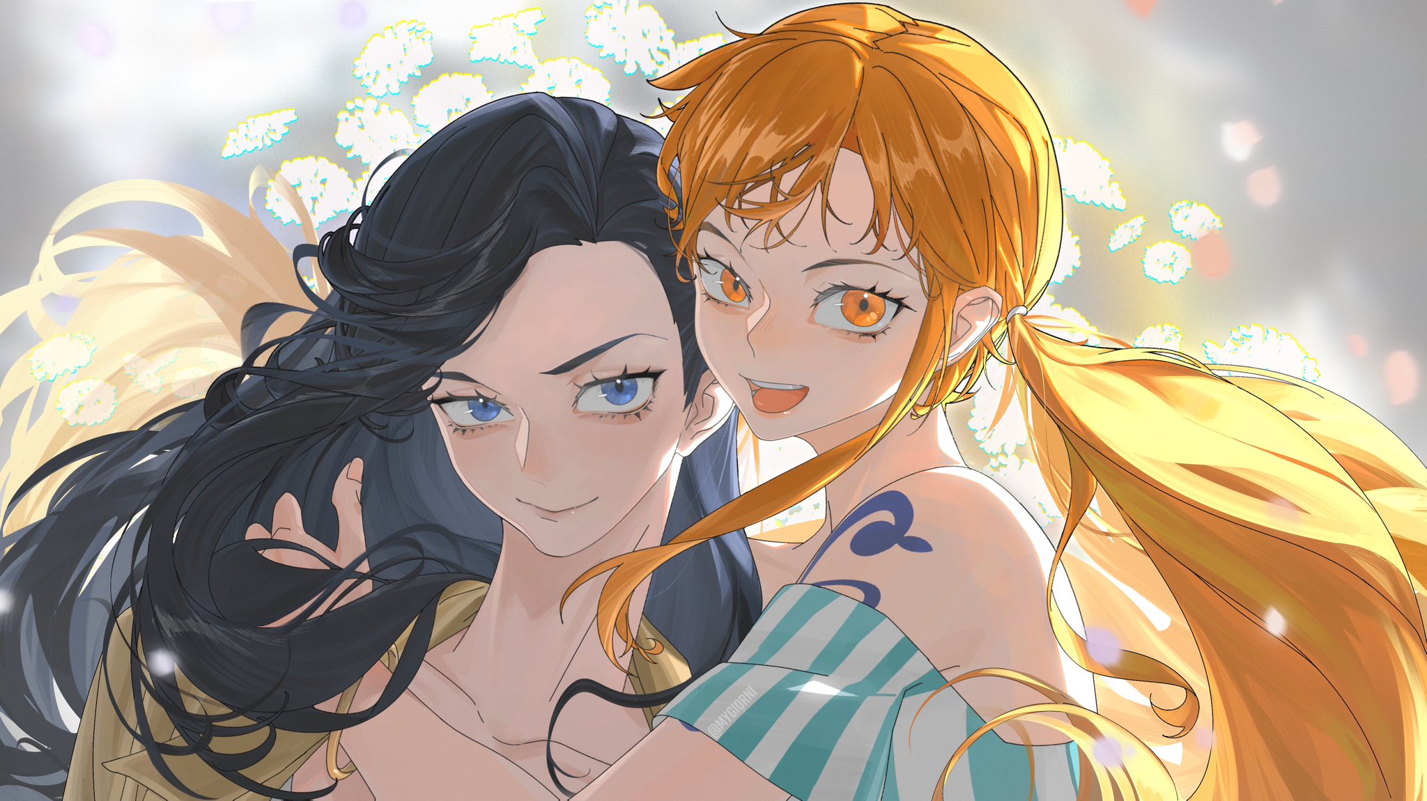 mygiorni, nami (one piece), nico robin, one piece, commentary, english commentary, highres, 2girls, bare shoulders, black hair, blue eyes, closed mouth, collarbone, eyelashes, floating hair, long hair, looking at viewer, low twintails, multiple girls, off-shoulder shirt, off shoulder, official alternate costume, official alternate hairstyle, open mouth, orange eyes, orange hair, shirt, shoulder tattoo, tattoo, twintails, upper body