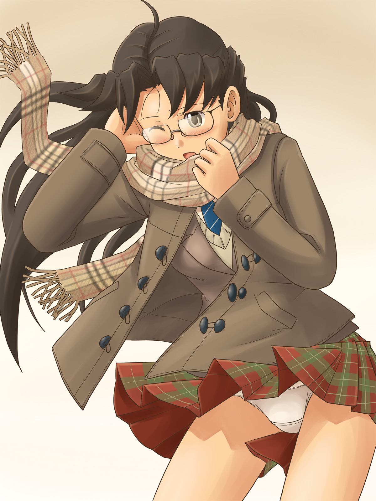 lielos, hikushibe aya, original, highres, 1girl, black hair, blush, female focus, glasses, long hair, one eye closed, panties, pantyshot, scarf, school uniform, skirt, solo, underwear, upskirt, wind, wind lift, wink