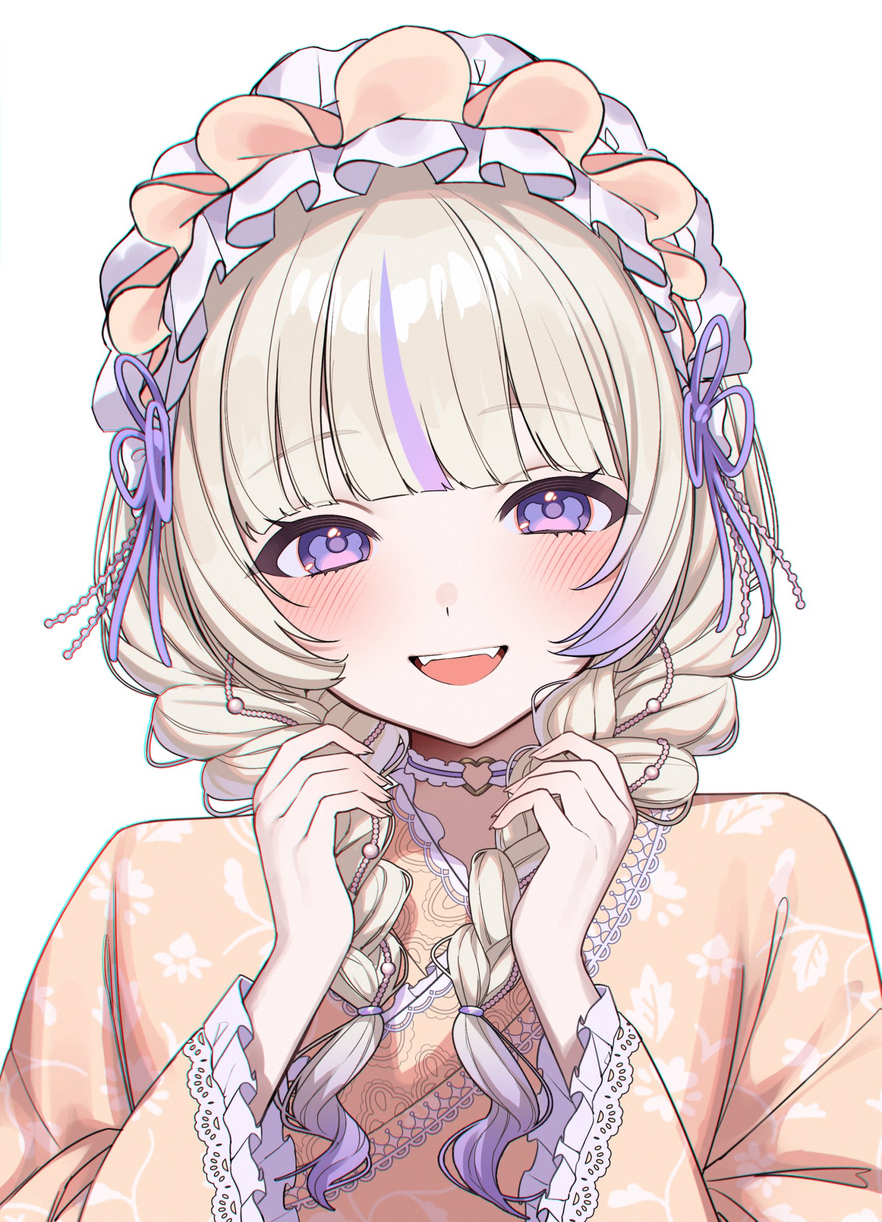 mui maru, todoroki hajime, hololive, hololive dev is, commentary request, highres, 1girl, blonde hair, braid, choker, frilled sleeves, frills, hair ornament, heart, heart choker, japanese clothes, kimono, lolita fashion, looking at viewer, low twin braids, open mouth, orange kimono, purple eyes, purple hair, short hair, simple background, smile, solo, todoroki hajime (new year), twin braids, virtual youtuber, white background