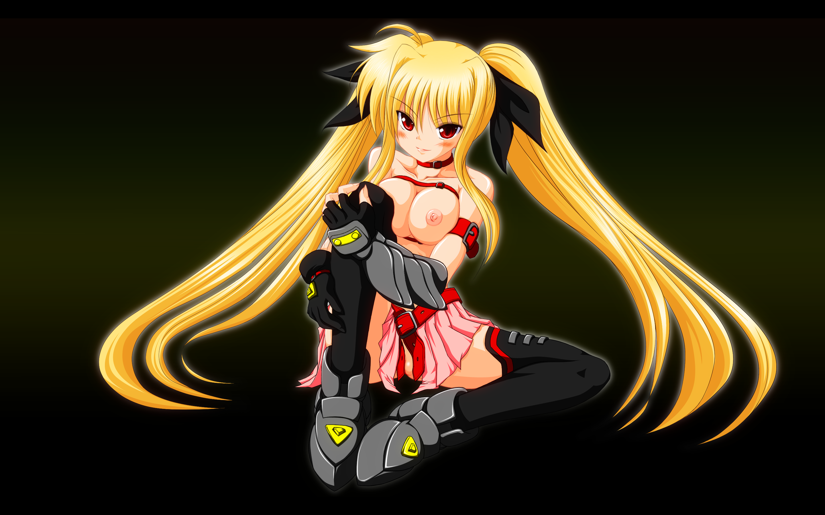 ryokusuiteien, fate testarossa, fate testarossa (lightning form), lyrical nanoha, mahou shoujo lyrical nanoha, mahou shoujo lyrical nanoha strikers, highres, 00s, belt, blonde hair, blush, boots, breasts, fingerless gloves, gloves, hair ribbon, large breasts, long hair, naked belt, nipples, pussy, red eyes, ribbon, solo, thighhighs, twintails, uncensored, very long hair