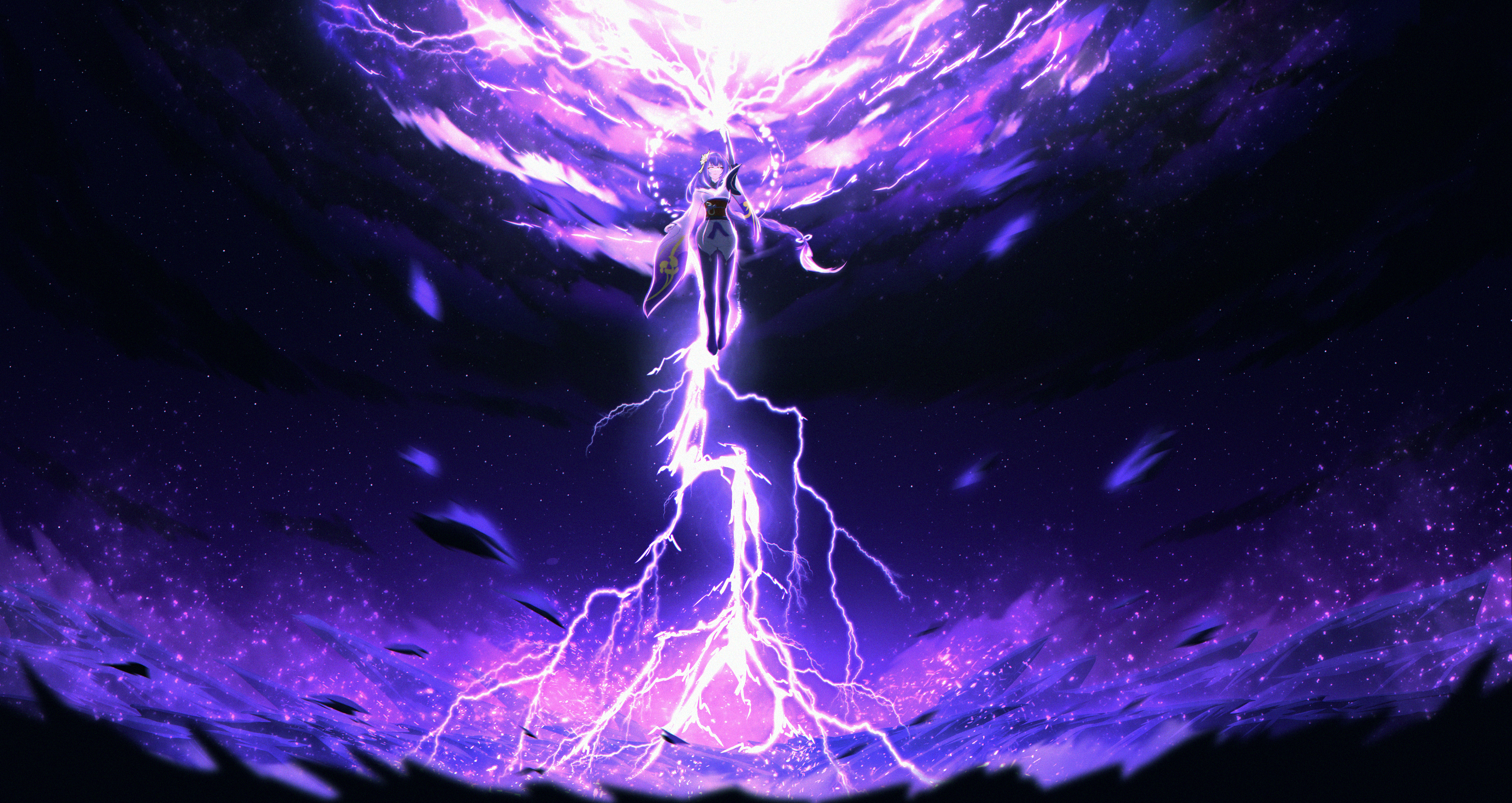raiden shogun, genshin impact, absurdres, commentary, highres, 1girl, armor, blunt bangs, braid, bridal gauntlets, closed mouth, cloud, cloudy sky, electricity, floating, full body, glowing, glowing eyes, gradient hair, hair ornament, hair ribbon, japanese clothes, kakakakumina, kimono, light particles, lightning, long braid, long hair, looking at viewer, looking down, multicolored hair, off shoulder, outdoors, powering up, purple eyes, purple hair, purple kimono, purple sky, purple thighhighs, red sash, ribbon, sash, scenery, shoulder armor, single braid, sky, solo, storm, thighhighs, wide sleeves
