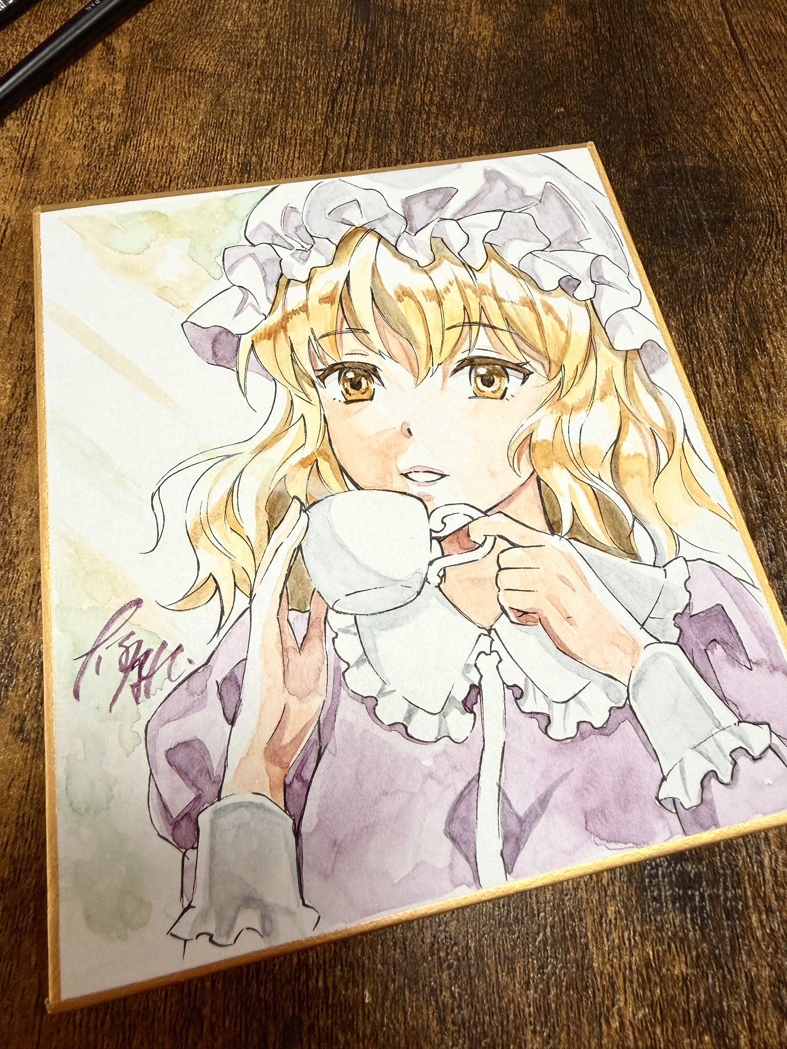 kyuu umi, maribel hearn, touhou, commentary request, highres, painting (medium), photo (medium), traditional media, watercolor (medium), 1girl, blonde hair, collar, collared dress, cup, dress, frilled collar, frills, hat, holding, holding cup, lips, long hair, mob cap, parted lips, purple dress, signature, teacup, upper body, white hat, yellow eyes