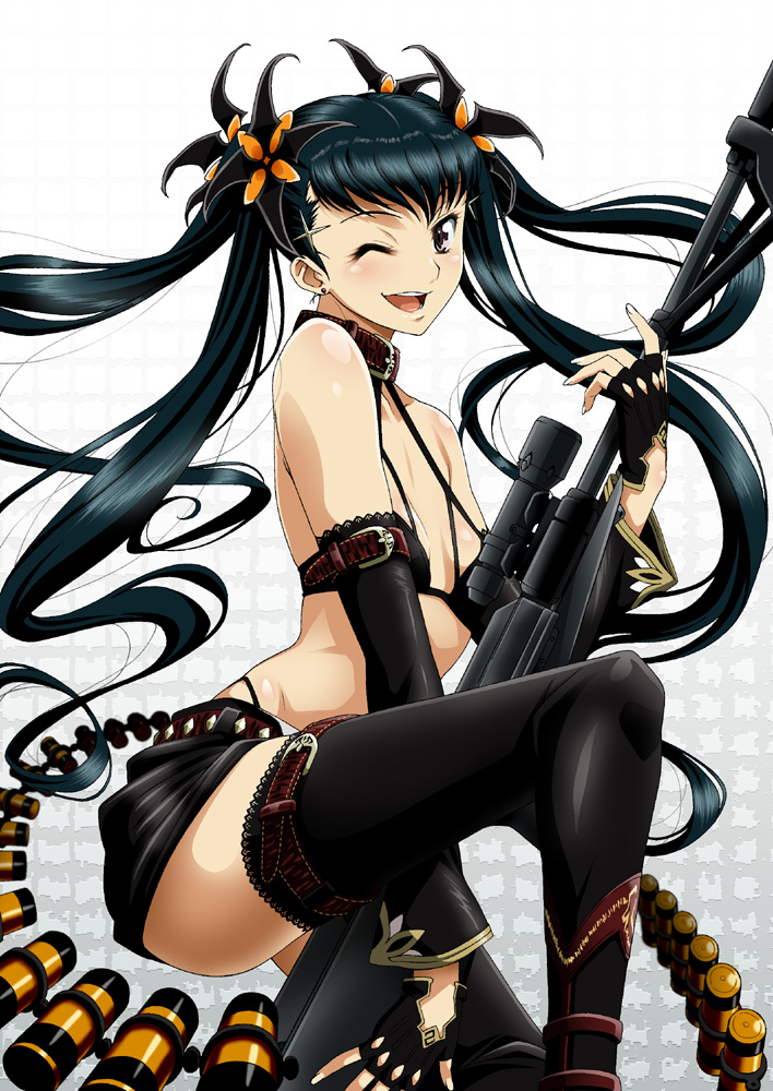 isse, original, 1girl, belt, bikini, bikini top only, black eyes, black hair, collar, detached sleeves, earrings, female focus, fingerless gloves, flat chest, gloves, gun, hair ornament, hairpin, jewelry, legs, long hair, miniskirt, one eye closed, open mouth, rifle, skirt, smile, solo, swimsuit, thighhighs, twintails, very long hair, weapon, wink