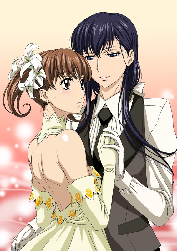 isse, fukuzawa yumi, ogasawara sachiko, maria-sama ga miteru, 00s, 2girls, back, blue eyes, blue hair, brown eyes, brown hair, dress, elbow gloves, flower, formal clothes, gloves, hair ornament, holding hands, long hair, multiple girls, necktie, official style, pant suit, pants, ponytail, suit, twintails, yuri