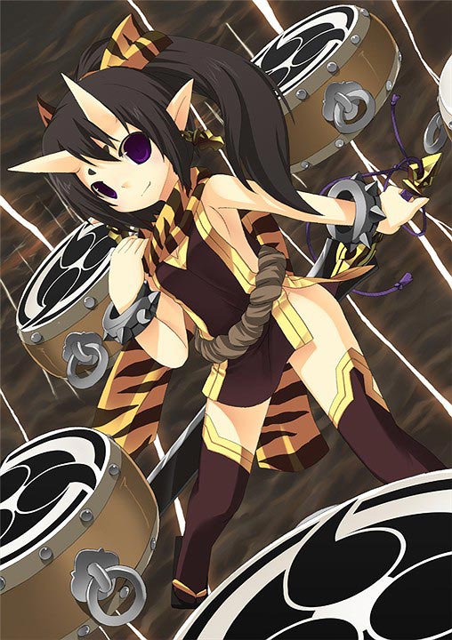 shiratama dango, original, drum, horns, instrument, japanese clothes, oni, pointy ears, solo