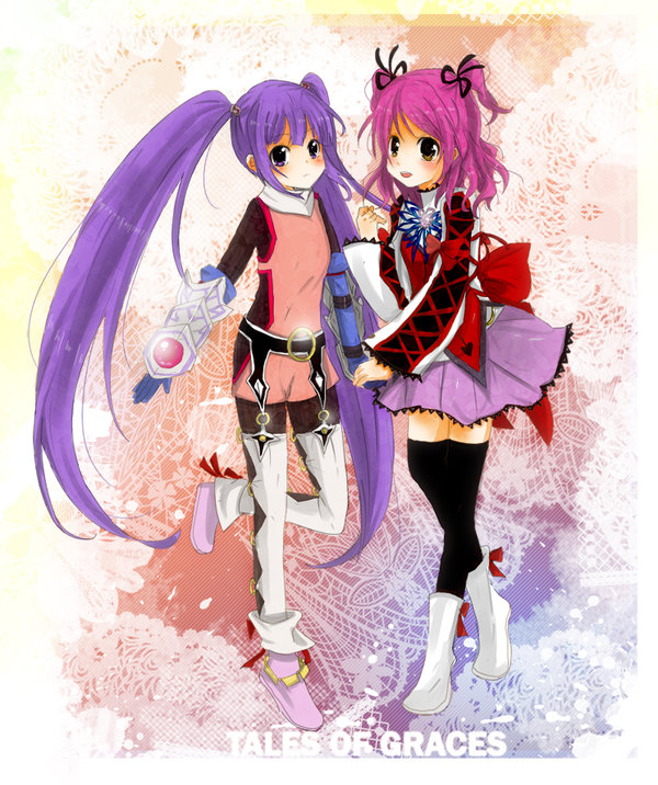riisu (aquamilk), cheria barnes, sophie (tales), tales of (series), tales of graces, 2girls, boots, copyright name, gauntlets, knee boots, multiple girls, o-ring, pink hair, purple hair, purple skirt, skirt, thighhighs, twintails, two side up
