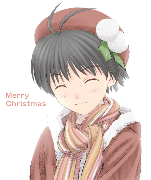 nekopuchi, kikuchi makoto, idolmaster, idolmaster (classic), 00s, 1girl, antenna hair, black hair, christmas, closed eyes, female focus, hat, multicolored scarf, scarf, short hair, smile, solo, white background