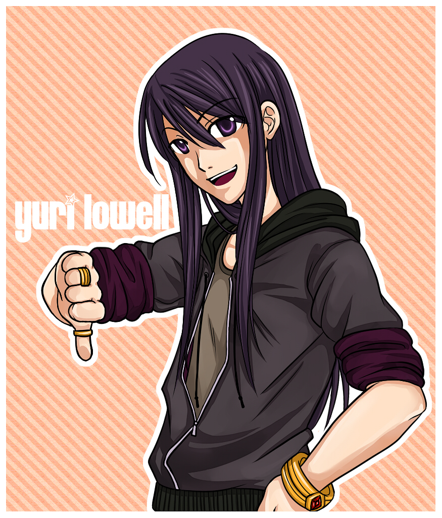 yuri lowell, tales of (series), tales of vesperia, 00s, 1boy, black hair, character name, long hair, male focus, purple eyes, solo, thumbs down
